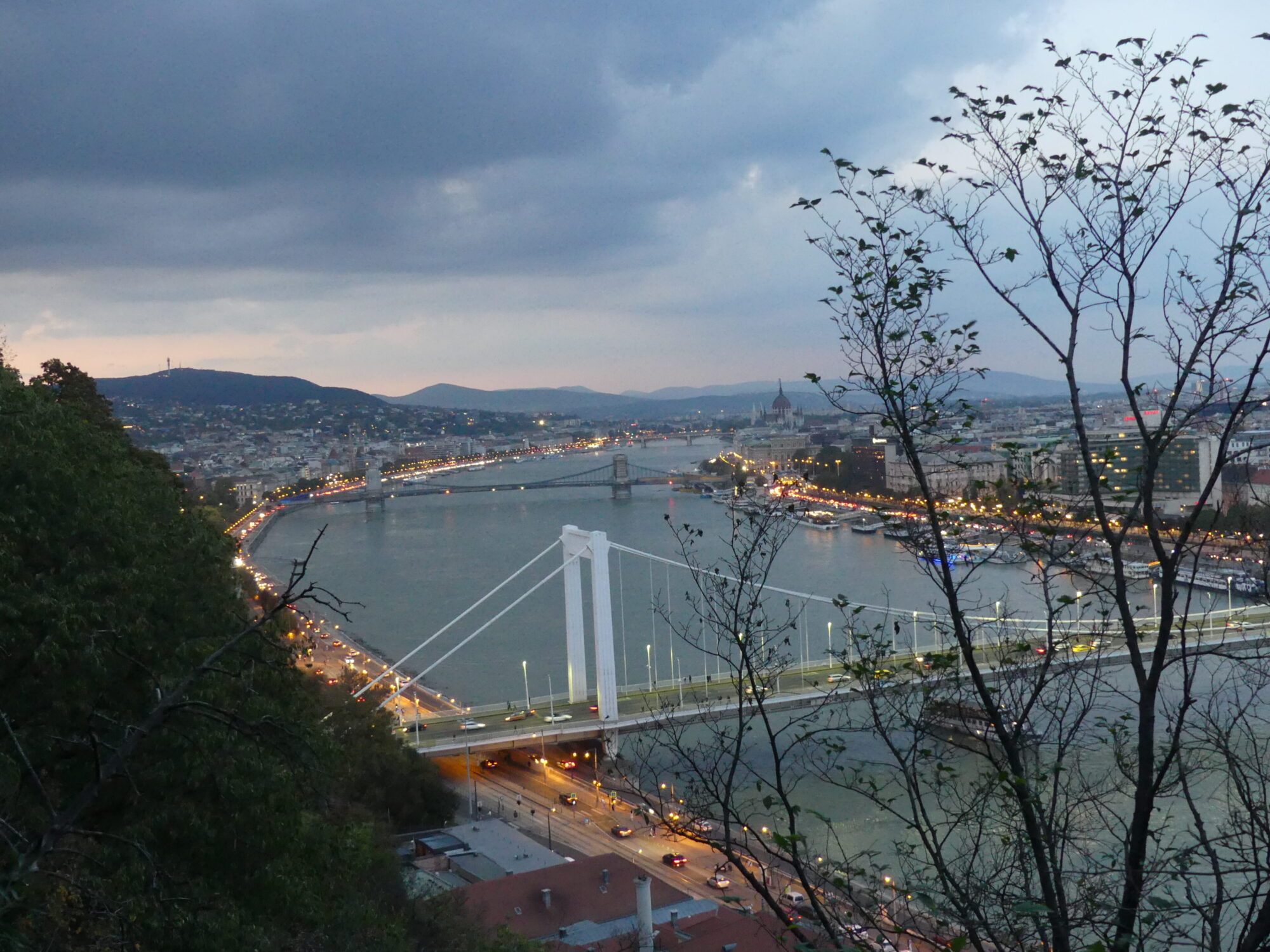 Vue du Danube depuis la citadelle. On peut voir deux ponts ainsi que des montagnes en arrière-plan.